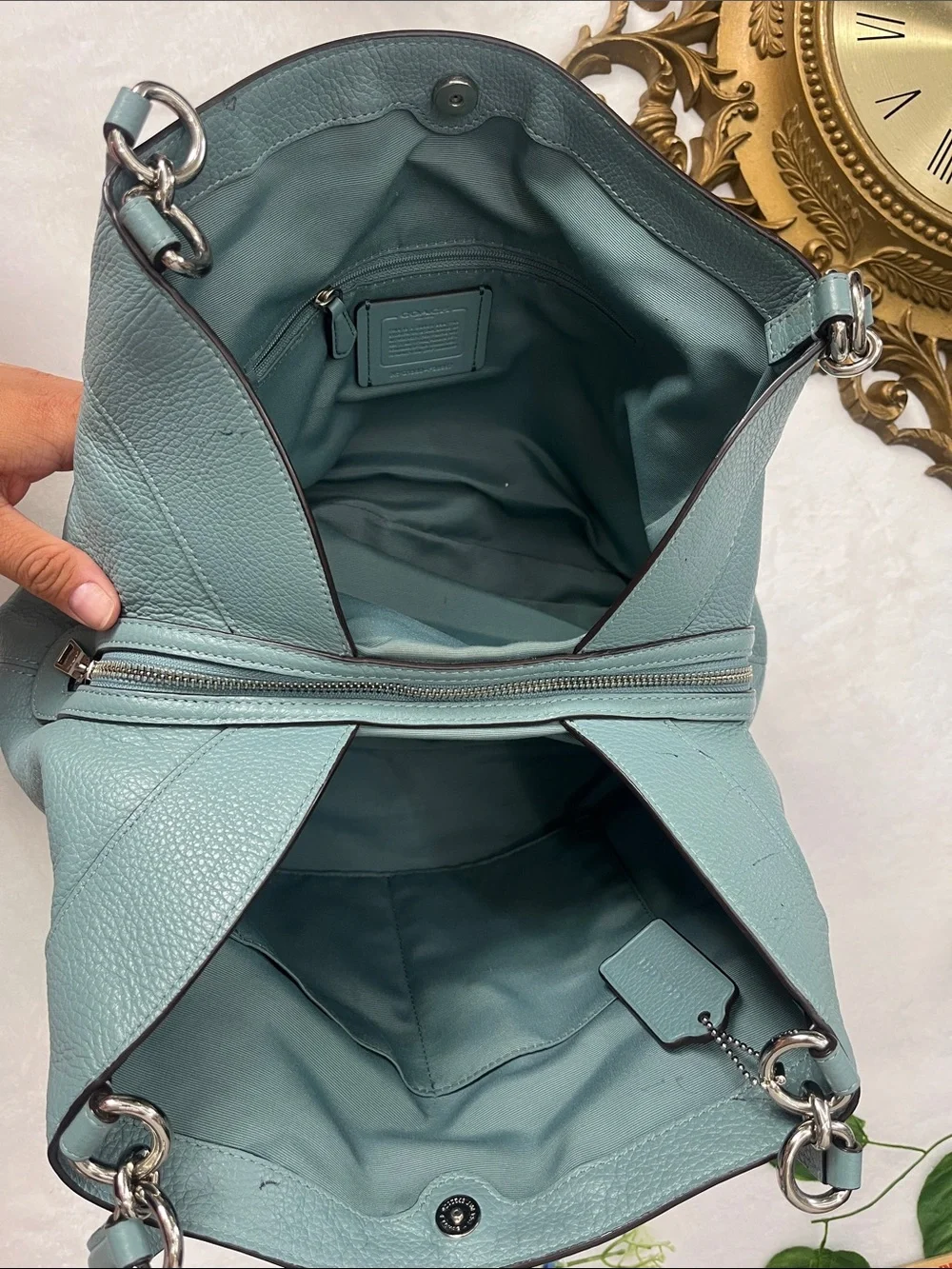 Coach Blue Pebbled Leather Shoulder Bag with Silver Hardware